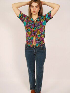 80s Leaf Print Blouse (S) small blue purple vintage womens top collared flowy